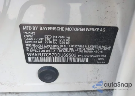 2013 BMW 535I xDrive from USA, damaged, VIN WBAFU7C57DDU69502